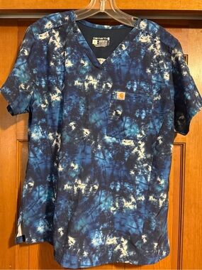 Carhartt Blue and White Tie-Dye V-Neck Scrub Top